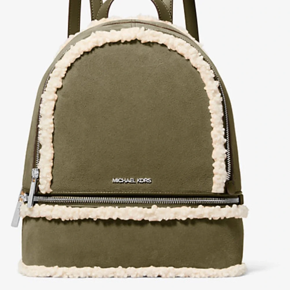 MICHAEL KORS Rhea Medium Suede and Faux Shearling Backpack Olive NWT
